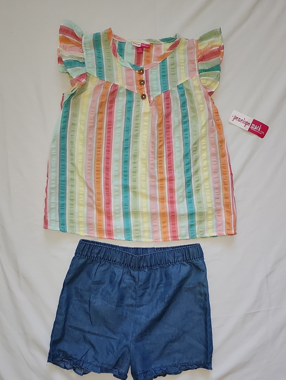 NWT Penelope Mack Girls Rainbow Striped Flutter Sleeve Top & Denim Shorts Set 10 - Picture 1 of 9